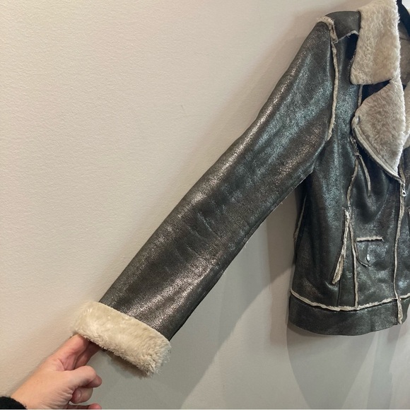 DENIM & SUPPLY Sz M Metallic Sherpa Lined Moto Style  Zipper Snap Closure Jacket - Picture 6 of 13